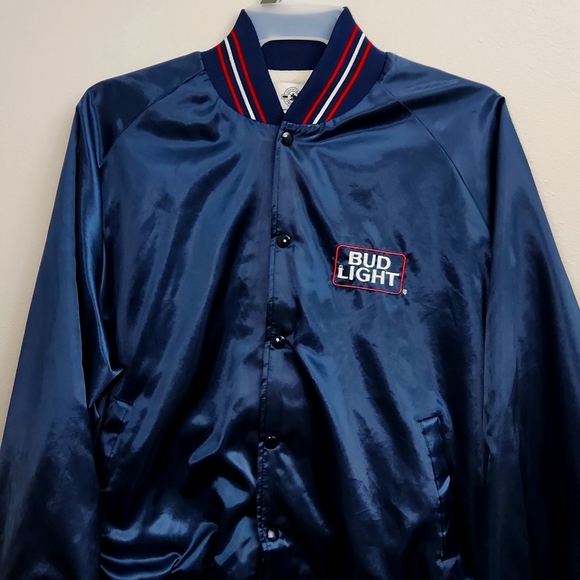 Vintage Bud Light Bomber Satin Jacket USA Made Anheuser‎ Busch Blue XL Varsity - Picture 1 of 10